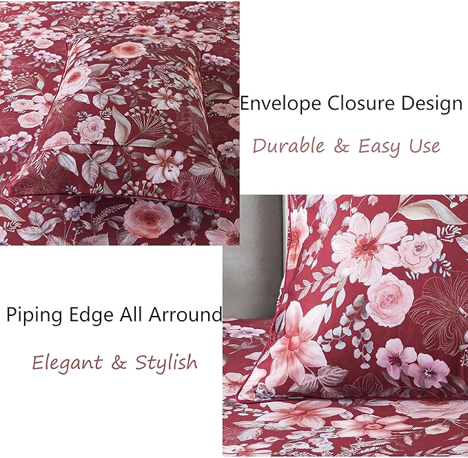 FADFAY Floral Sheets Set Queen Vintage Red Floral Bedding Shabby Pink Rose Elegant Peony Sheets Farmhouse Bedding 800 Thread Count 100% Egyptian Cotton Soft Deep Pocket Fitted Sheet 4Pcs, Queen Size