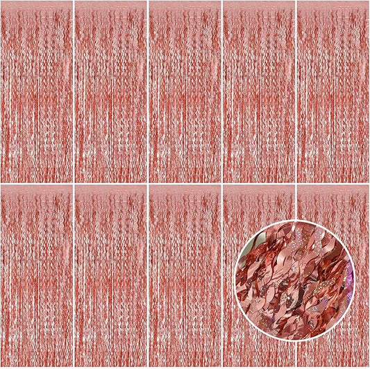 Rose Gold Tinsel Foil Fringe Curtains Wavy Backdrop for Parties Sparkle Metallic Wavy Foil Fringe Backdrop Curtain Photo Booth Props Birthday Graduation Wedding Bachelorette Party Decorations