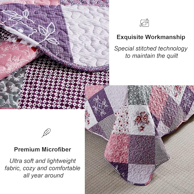 Dinjoy Purple Quilt Set California King Size, Reversible Floral Plaid Patchwork Pattern Bedding Set Soft Microfiber Lightweight Bedspread 3 Piece Summer Fall Use(106x96 inches, Cal King)