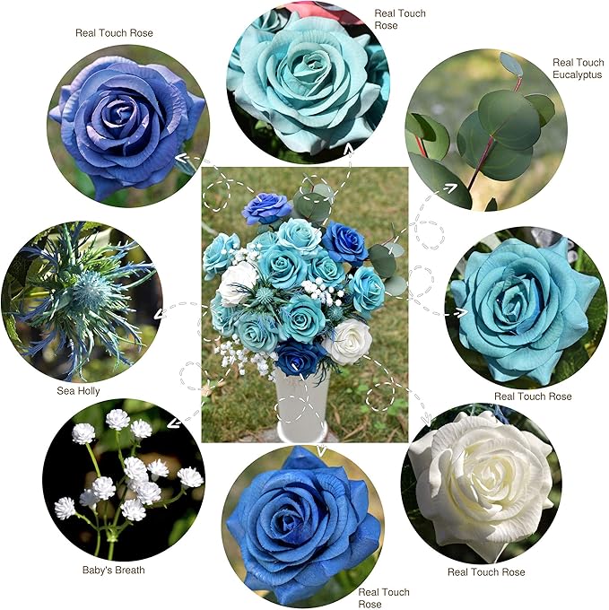 FiveSeasonStuff Artificial Blue and White Rose Bridal Bouquet – Real Touch Wedding Flowers with Eucalyptus, Baby’s Breath & Thistles – DIY Floral Kit for Ceremony, Centerpiece, Home Decor