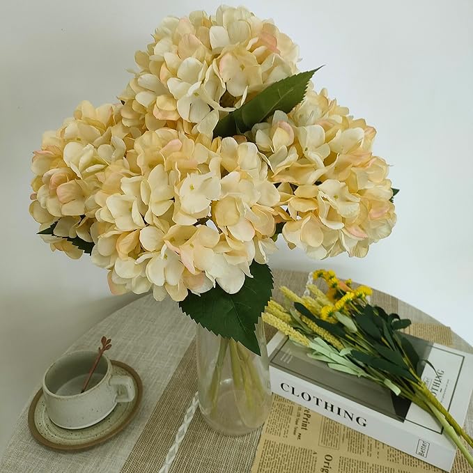 Hydrangea Artificial Flowers,6 Pcs Faux Hydrangea Flowers,Artificial Hydrangeas Flowers with Stems,Fake Hydrangeas,Silk Hydrangeas Flowers with Stems for Home Decor (6, Champagne)