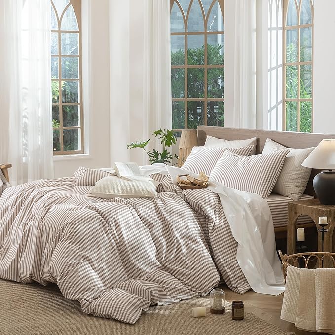 MooMee Striped Duvet Cover Set 100% Washed Cotton Linen Like Textured Breathable Durable Soft Comfy (Orange Classic Stripes, Full 80"x90")