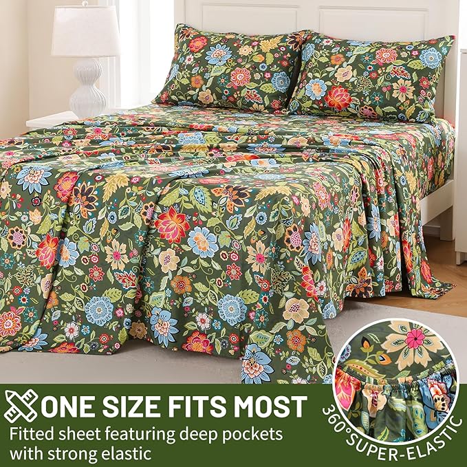 Bedlifes King Size Extra Deep Pocket Sheet Sets - Fits Mattresses Up to 18-24" Thick, 4-Piece Microfiber Set with 1800 Thread Count, Soft, Smooth, Breathable, Featuring Floral Dark Green