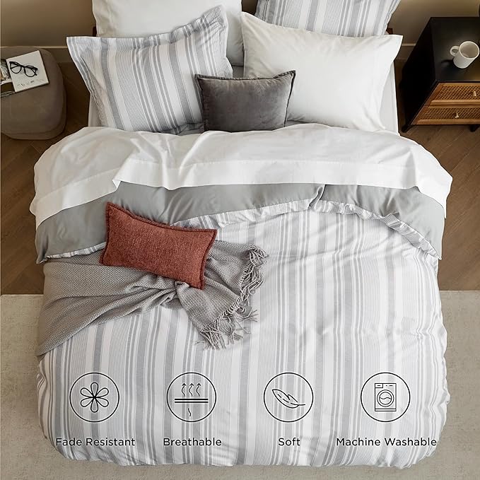 Bedsure Duvet Cover Queen Size - Striped Reversible Duvet Cover Set with Zipper Closure, 3 Pieces Grey Bedding Set with 8 Corner Ties and 2 Pillow Shams 20"x26"