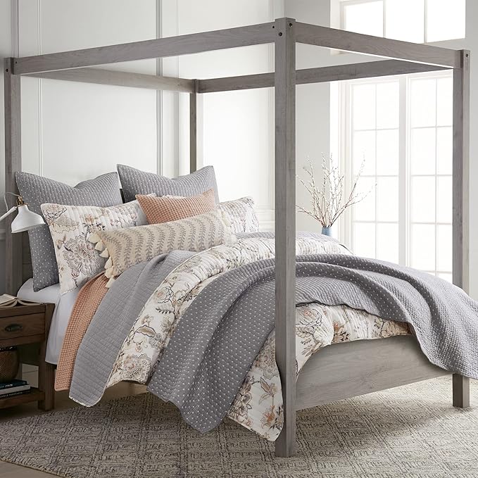 Levtex Home Cross Stitch Reversible Full/Queen Quilt Set (88x92in) and 2 Pillow Shams (26x20in) - Stitch Texture - Grey and White - Cotton Queen Size Quilt Bedding Set - Lightweight Soft Pre-Washed
