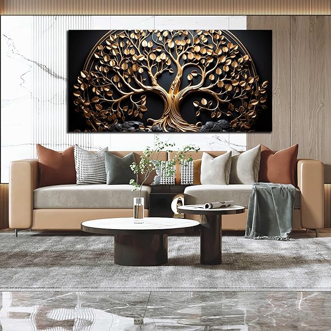 Tree Pictures Wall Decor Bedroom Black and Gold Wall Art for Living Room Large Wall Art for Office Large Size 29" x 58"