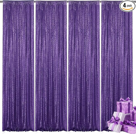 Purple Sequin Backdrop Curtain 4 Pieces 2FTx8FT Glitter Photography Backdrop for Party Wedding Birthday Christmas Decorations