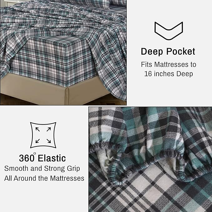 RUVANTI Flannel Sheets California King Size - 100% Cotton Brushed Cal King Bed Sheets Set - Deep Pockets 14 Inches - All Seasons Breathable & Extra Soft - Warm & Cozy, 4 Piece, Mint Grey