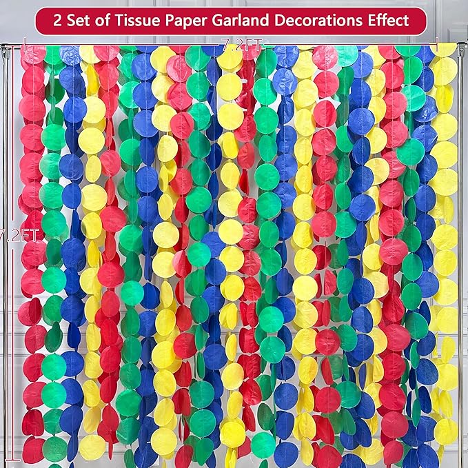 205Ft Super Mario Party Decorations Red Green Blue Yellow Big Polka Dot Tissue Paper Backdrop Streamer Circle Dot Hanging Garland for Birthday Baby Shower Carnival Circus Clown Fiesta Colorful Party