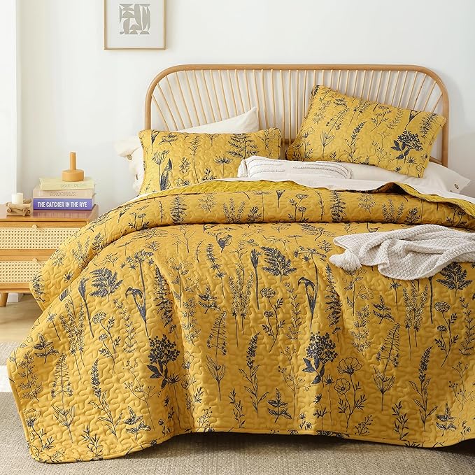 JANZAA Quilts Queen Size Ginger Quilt Botanical with Floral Pattern Microfiber Bedspreads Queen Size 3 Pieces Lightweight Comforter Reversible Bedding Set, 1 Quilt 90x90 inches, 2 Pillowcases