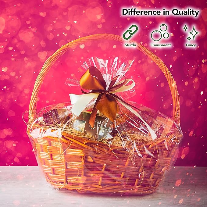 Extra Large Cellophane Gift Bags 24 x 30 Inch (12 Pack) — Clear Basket Wrap Bags for Gift Baskets, Holiday Packaging, Party Favors, DIY Gifts (Ribbon & Basket Not Included)