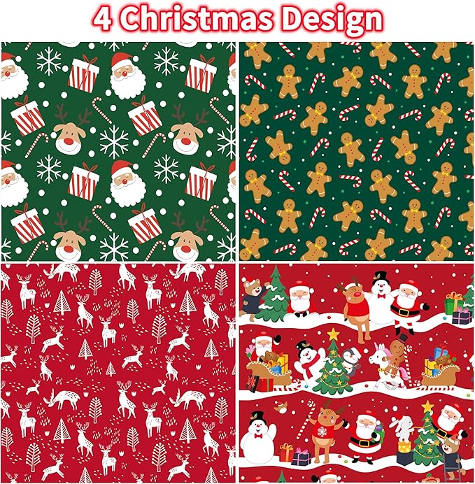 Novnsoi Christmas Wrapping Paper for Gifts (4 Rolls: 148 sq. ft. ttl) Funny Candy Cane Santas, Reindeer, Christmas Tree, Snowflakes - 30 inches x 14.8 feet Per Roll