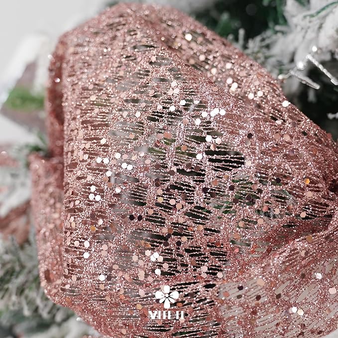 MEEDEE Rose Gold Glitter Mesh Web Ribbon 10 Inch Wide by 10 Yards Roll Rose Gold Fabric Ribbon Decorative Mesh Ribbon for Christmas Tree, Garland, Holiday Wreaths, Bows, Home Decor