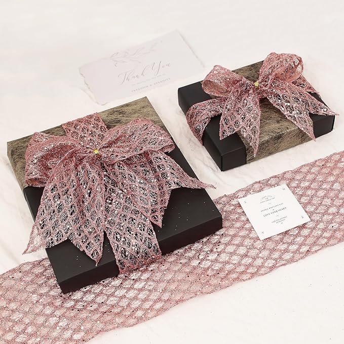 VATIN 6" Rose Gold Christmas Ribbon, Rose Gold Glitter Mesh Diamond Web Sequin Dots Wired Christmas Ribbon, Fall Ribbon for Gift Wrapping Bow Making Wreath Supply-10 Yards