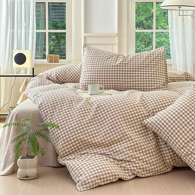 LifeTB Queen Comforter Set Tan Gingham Comforter Modern Style Beige Plaid Comforter Set 3 Pieces Fluffy Grid Checkered Comforter with 2 Pillowcases Boho Gingham Bedding Set Queen Size