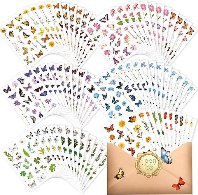 1990 PCS PVC Flower & Butterfly Stickers, Self-Adhesive Nature Floral Stickers for Scrapbook, Laptop, Journal, DIY Project, Spring-Themed Party Decors