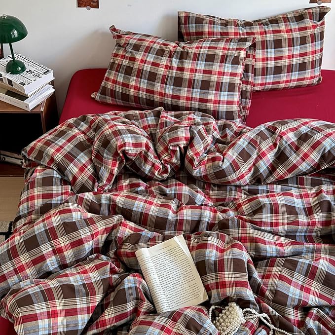 LifeTB Red Brown Plaid Comforter Set Queen, 3 Pieces Vintage Checkered Grid Bed Comforter with 2 Pillowcases, Breathable Soft Comfy Farmhouse Plaid Pattern Printed Gingham Bedding Comforter Set