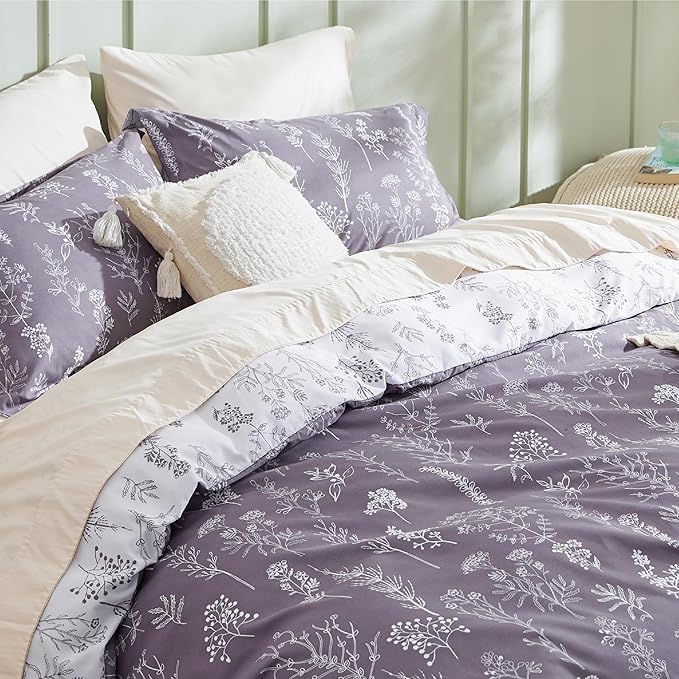 Bedsure Duvet Cover King Size - Reversible Grayish Purple King Duvet Cover Set with Zipper Closure, 3 Pieces Cute Floral Patterned Bedding Set with 8 Corner Ties and 2 Pillow Shams