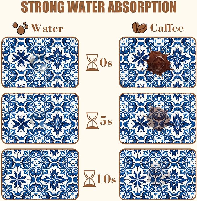Dish Drying Mat Blue Portuguese Tiles Coffee Bar Mat for Countertop Absorbent Rubber Backed Hide Stain Dish Drainer Rack Pad Espresso Machine Cafe Table Dining Room Decoration 11.8 x 19.7 Inch
