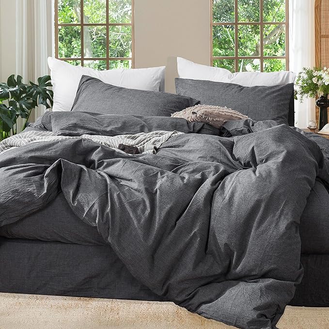 MooMee Bedding Duvet Cover Set 100% Washed Cotton Linen Like Textured Breathable Durable Soft Comfy (Heathered Dark Grey, Cal King 104"x98")