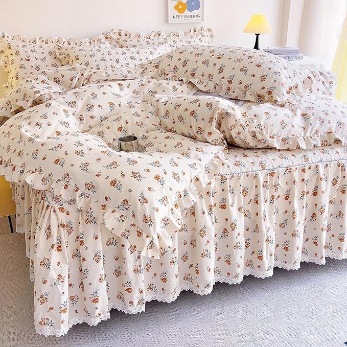 EAVD Cute Garden Floral Duvet Cover with Ruffles Soft Cotton Chic French Romantic Floral Bedding Set with 2 Pillowcases Reversible Botanical Print Duvet Cover with Zipper Closure
