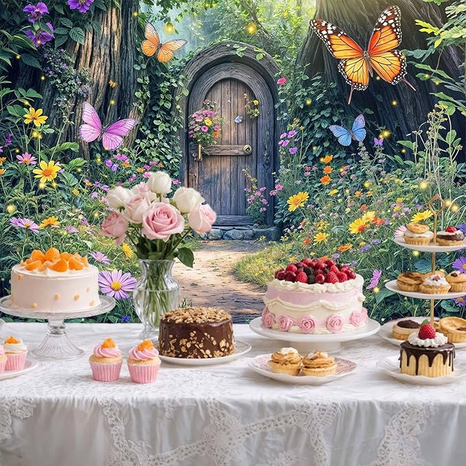 20X10ft Enchanted Forest Backdrop Fairy Enchanted Wonderland Garden Wooden Door Floral Butterfly Photography Background for Kids Girls Baby Shower Birthday Party Decoration Banner Booth Props