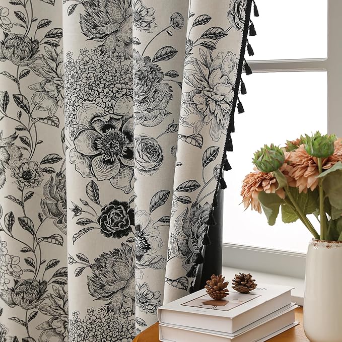 Blackout Black Floral Farmhouse Curtains Living Room Thermal Insulated Drapes, Elegant Peony Pattern & Tassel Curtains 2 Panels Blocking Curtains for Windows Floral Drapes (52W*84L)