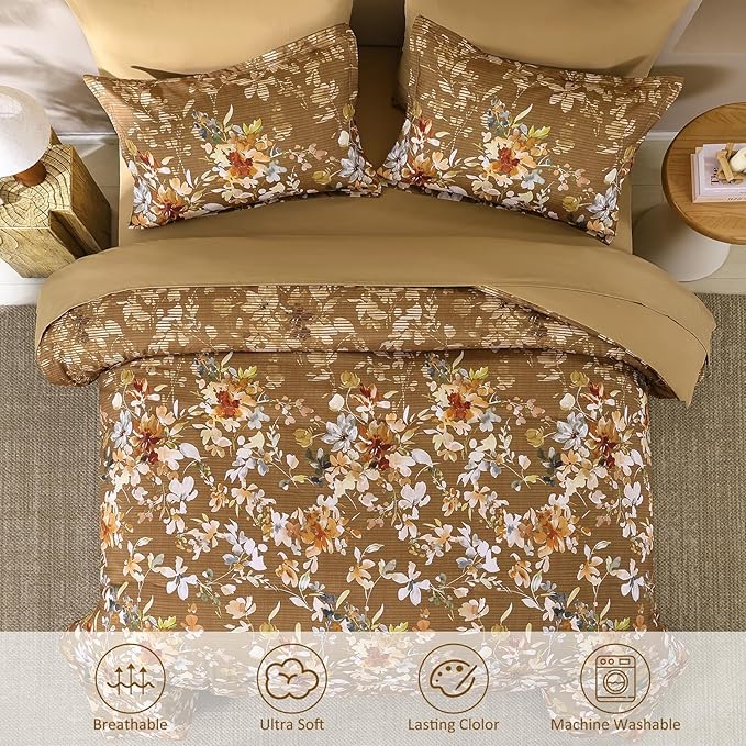 Dobuyly Fall King Size Comforter Set, 7 Pieces Brown Floral Comforter Set, Bed in a Bag King with Botanical Flowers Pattern, Farmhouse Bedding Set with Sheets, Pillowcases & Shams