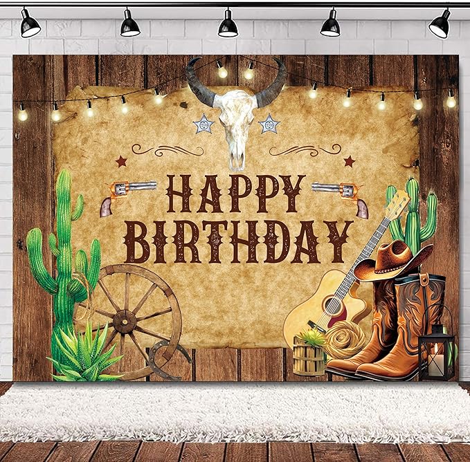 SVBright Western Backdrop 7Wx5H Cowboy Happy Birthday Rustic Wooden Board Cactus Rodeo Brown Hat Plant Country Wild West Men Boy Bday Party Decorations Photography Background Banner Photo Booth Studio