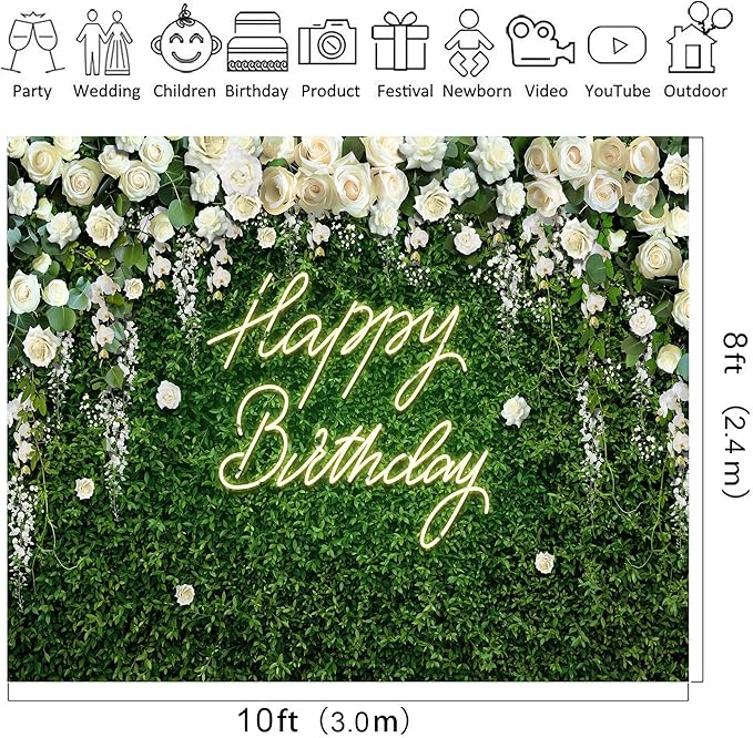 Riyidecor Green Leaves Birthday Backdrop Vinyl Neon White Rose Flower Floral Blossom Elegant Greenery Grass Wall Botanical Plant 10Wx8H Feet Photography Background Birthday Photo Studio Shoot