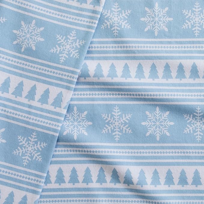 Market & Place 100% Cotton Twin Flannel Sheet Set | 3 Piece Deep Pocket Novelty Cozy Winter Bed Sheets | Double Brushed for Extra Softness & Comfort | Alpine Collection (Twin, Striped Snowflake)