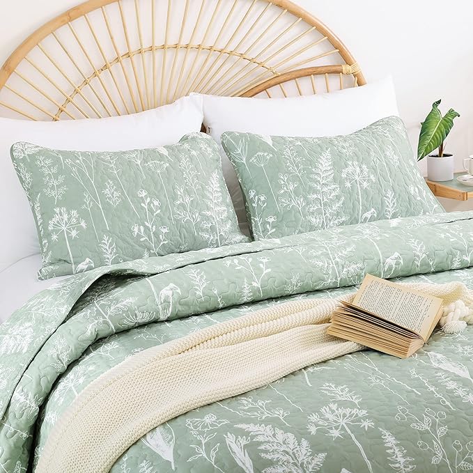 JANZAA Quilts Queen Size Sage Green Quilt Botanical with Floral Pattern Microfiber Bedspreads Queen Size 3 Pieces Lightweight Comforter Reversible Bedding Set with 2 Pillow Cases