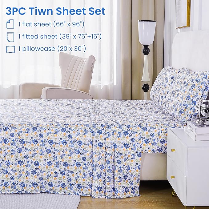 Softan Vintage Blue Floral Twin Bed Sheets, Cozy Microfiber Flower Printed Sheets with 15" Deep Pocket Fitted Sheet & Non-Slip Straps, Patterned Floral in Blue & Amber Sheets & Pillowcase Set