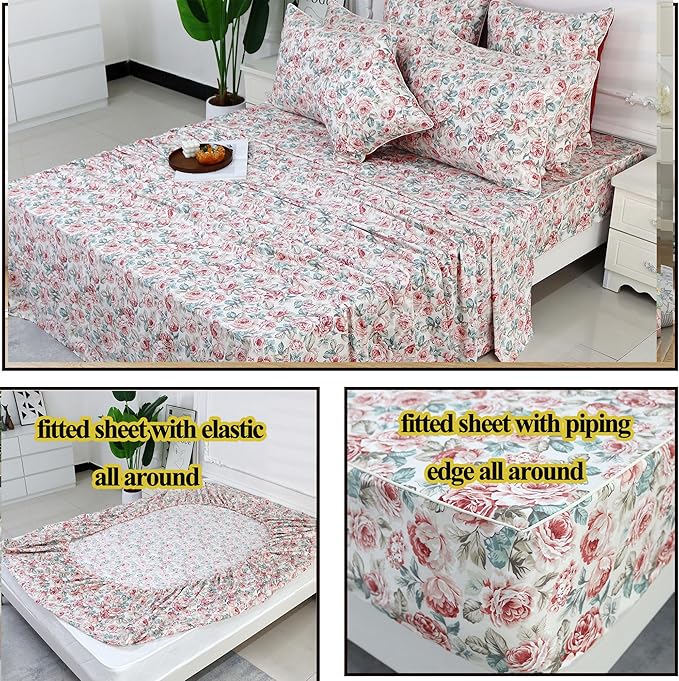 FADFAY Rose Floral Sheets Queen Vintage Red Floral Bedding Shabby Rustic Rose Sheets French Country Farmhouse Bedding 800 Thread Count 100% Egyptian Cotton Deep Pocket Fitted Sheet 4Pcs, Queen Size