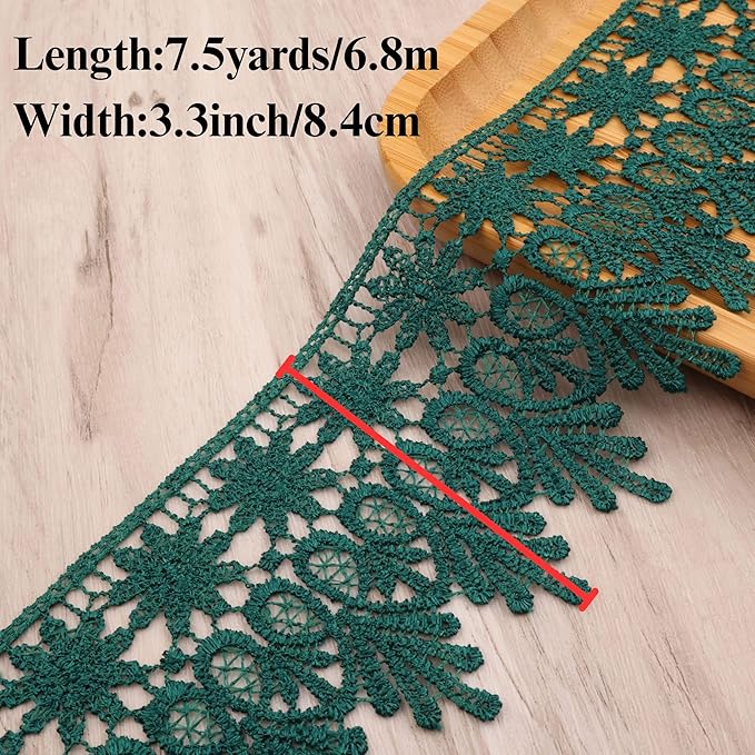 Green Lace Trim 7.5 Yards Wide Embroidered Floral Trim Edge Venise Lace Ribbon for Wedding Dress Crafting, Costume Design, DIY Apparel Embellishment, Home Decor
