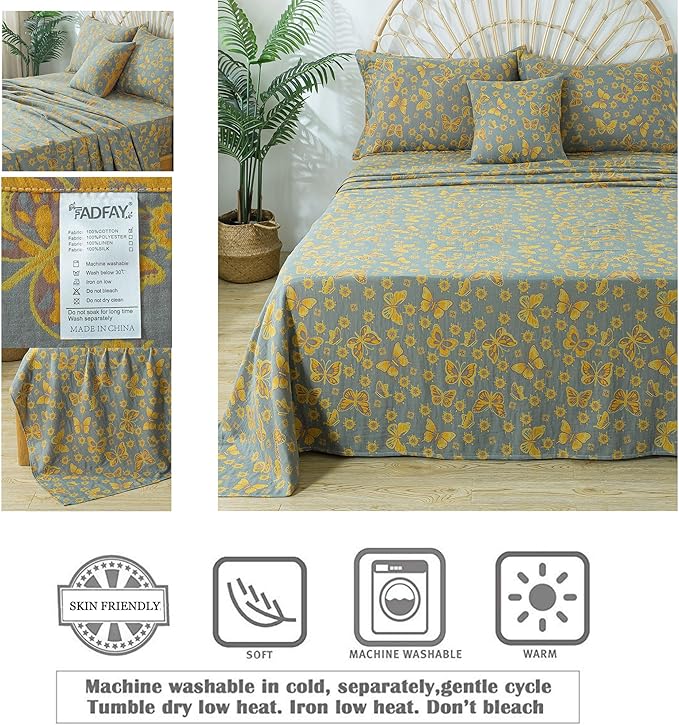 FADFAY Butterfly Sheets Set Queen Vintage Yellow Grey Floral Bedding Shabby Farmhouse Bedding Super Soft Washed Double -Layer Muslin Sheets 100% Cotton Deep Pocket Fitted Sheet 4Pcs, Queen Size