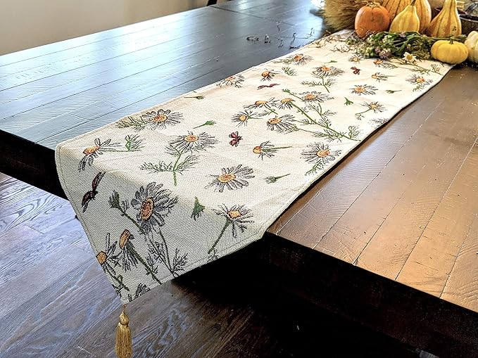 Tache Botanical Grey White Yellow Floral Daisy Flower Long Tapestry Seasonal Kitchen Dining Table Runners 13 x 120 Daisies