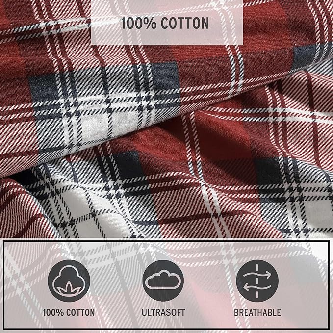 Eddie Bauer - Full Bed Sheets, Cotton Flannel Bedding Set with Matching Pillowcases, Brushed for Extra Softness, Deep Pocket, Oeko-Tex Certified (Heartland Plaid Red)