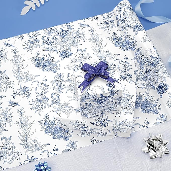 WERNNSAI Flower Gift Wrapping Paper Roll - 1 Roll 17”x 33 ft Bouquet Wrapping Paper Blue Floral Wrapping Paper for Girls Birthday Party Women Wedding Gift Wrap Supply