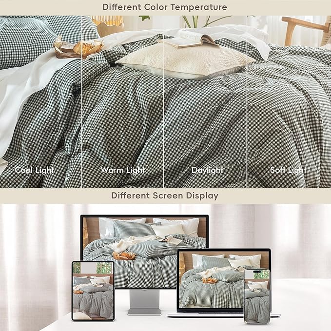 MooMee Gingham Duvet Cover Set 100% Washed Cotton Linen Like Textured Breathable Durable Soft Comfy Modern Checkered Design (Mini Gingham Forest Green, Full 80"x90")
