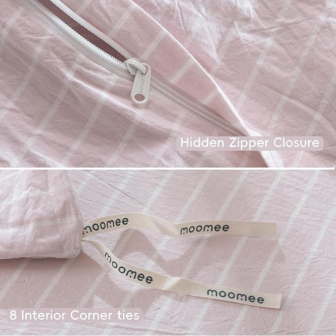 MooMee Striped Duvet Cover Set 100% Washed Cotton Linen Like Textured Breathable Durable Soft Comfy (Heathered Greyish Pink White Wide Stripes, Twin 68"x90")