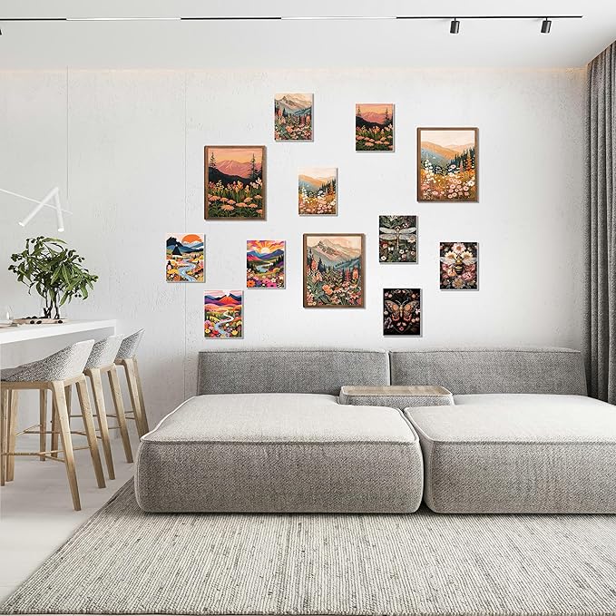 Colorful Nature Floral Wall Art Set of 3 24x16in Wood Framed, with 9 Bonus 8x10in Poster Art Prints, Boho Retro Wildflower Landscape Artwork Wall Decor for Living Room Bedroom Home Decor