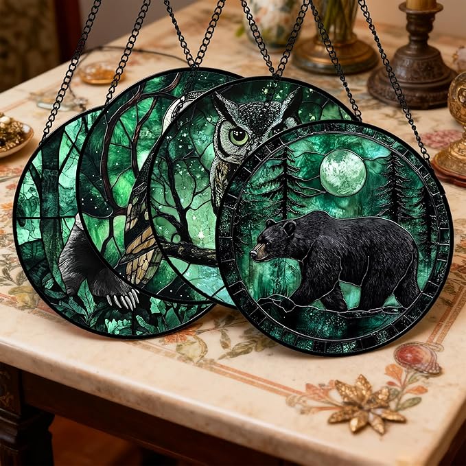 Stained Glass Window Hanging 4 Pcs Set Green Forest Night Sky Wildlife Large 15" - Suncatcher Door Garden Sun Catcher Decor Birthday for Mom Woman Nana Men Friend