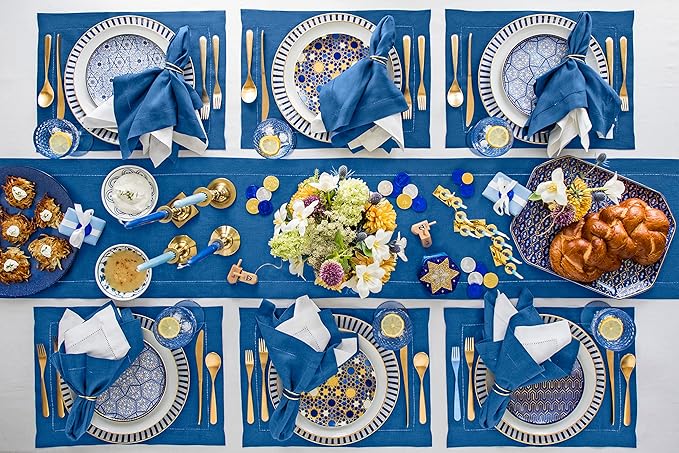 Solino Home Linen Table Runner 108 Inches Long - 100% Pure Linen Indigo Blue Table Runner 14 x 108 Inch for Winter, Spring, Easter - Classic Hemstitch