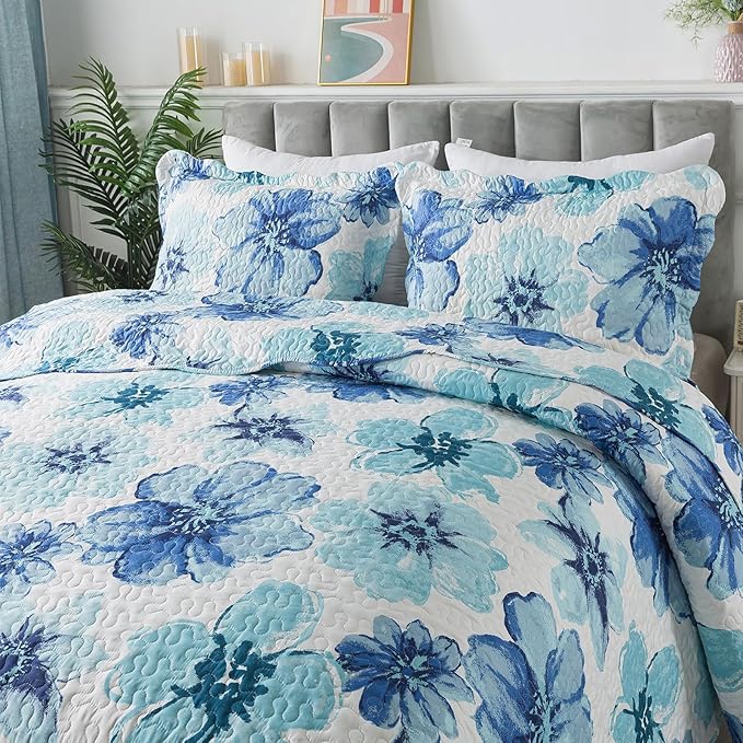 HoneiLife Quilt Sets Queen Size - 3 Piece Microfiber Quilts Reversible Bedspreads Print Coverlets Floral Bedding Set All Season Bedcover- Splash-Ink Painting,Blue & Cyan