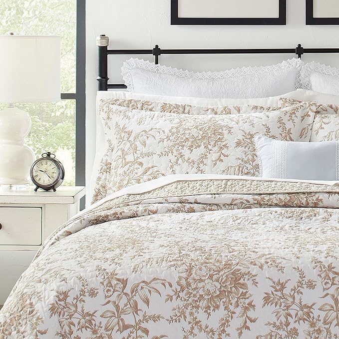 Laura Ashley - Twin Quilt Set, Reversible Cotton Bedding with Matching Sham, Medium-Weight for Year Round Use, Dorm Essentials (Bedford Mocha)
