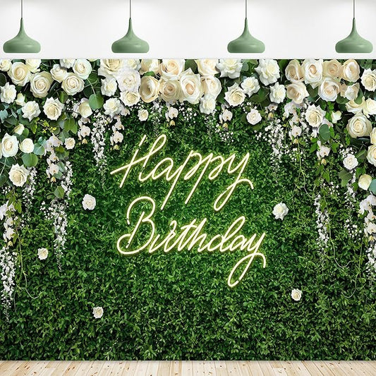 Riyidecor Green Leaves Birthday Backdrop Vinyl Neon White Rose Flower Floral Blossom Elegant Greenery Grass Wall Botanical Plant 10Wx8H Feet Photography Background Birthday Photo Studio Shoot