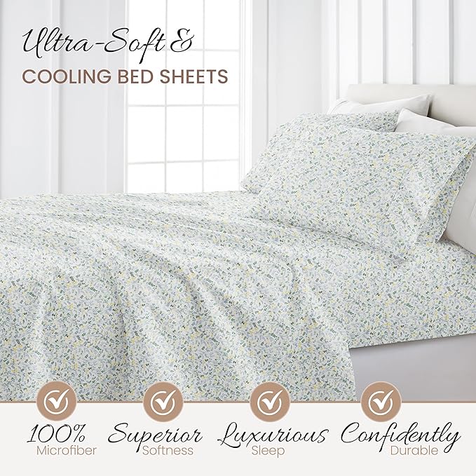 Linen Market Patterned Microfiber King Sheet Set 4 Piece – Oeko-TEX Certified Ultra Soft & Wrinkle-Free - 16" Deep Pocket Sheets - Easy Care King Size - Wildflower Light Blue