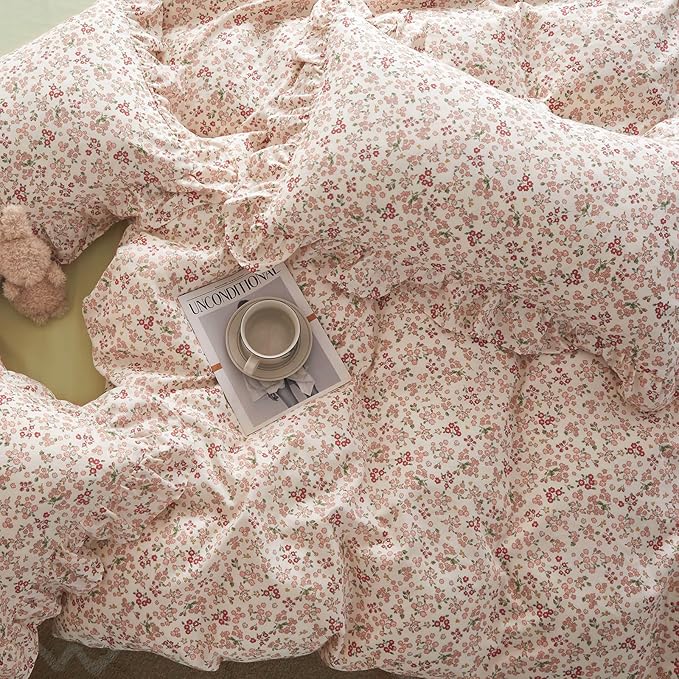 LifeTB Pink Flower Comforter Set Queen Floral Printed Aesthetic Bedding Set Vintage Garden Style Floral Comforter with 2 Pillowcases Girls Cute Flower Botanical Bedding Queen Bed Comforter Set