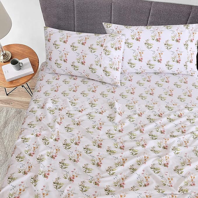 RUVANTI 100% Cotton Full Size Bed Sheets, 4 Pieces, Soft & Breathable Percale Weave Bedding, Deep Pocket 16", Hotel Standard, Crisp Cool Feel, Durable, Perfect Sheet Set Floral, Floral Bliss